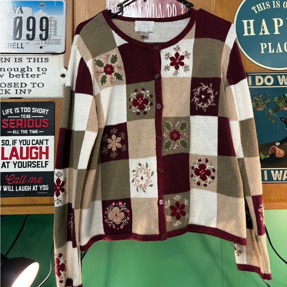 Christopher & Banks Burgundy Cream Tan Floral Cardigan